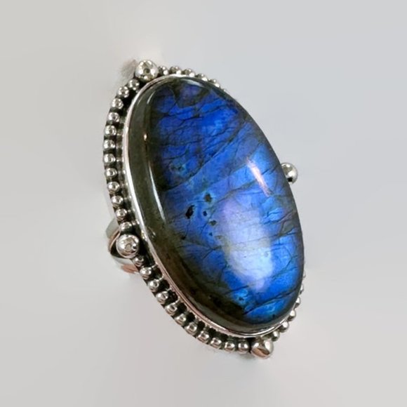 Labradorite Ring, Sterling Silver, Blue Stone, Size 5 3/4, 1 1/2" Long - Picture 2 of 6